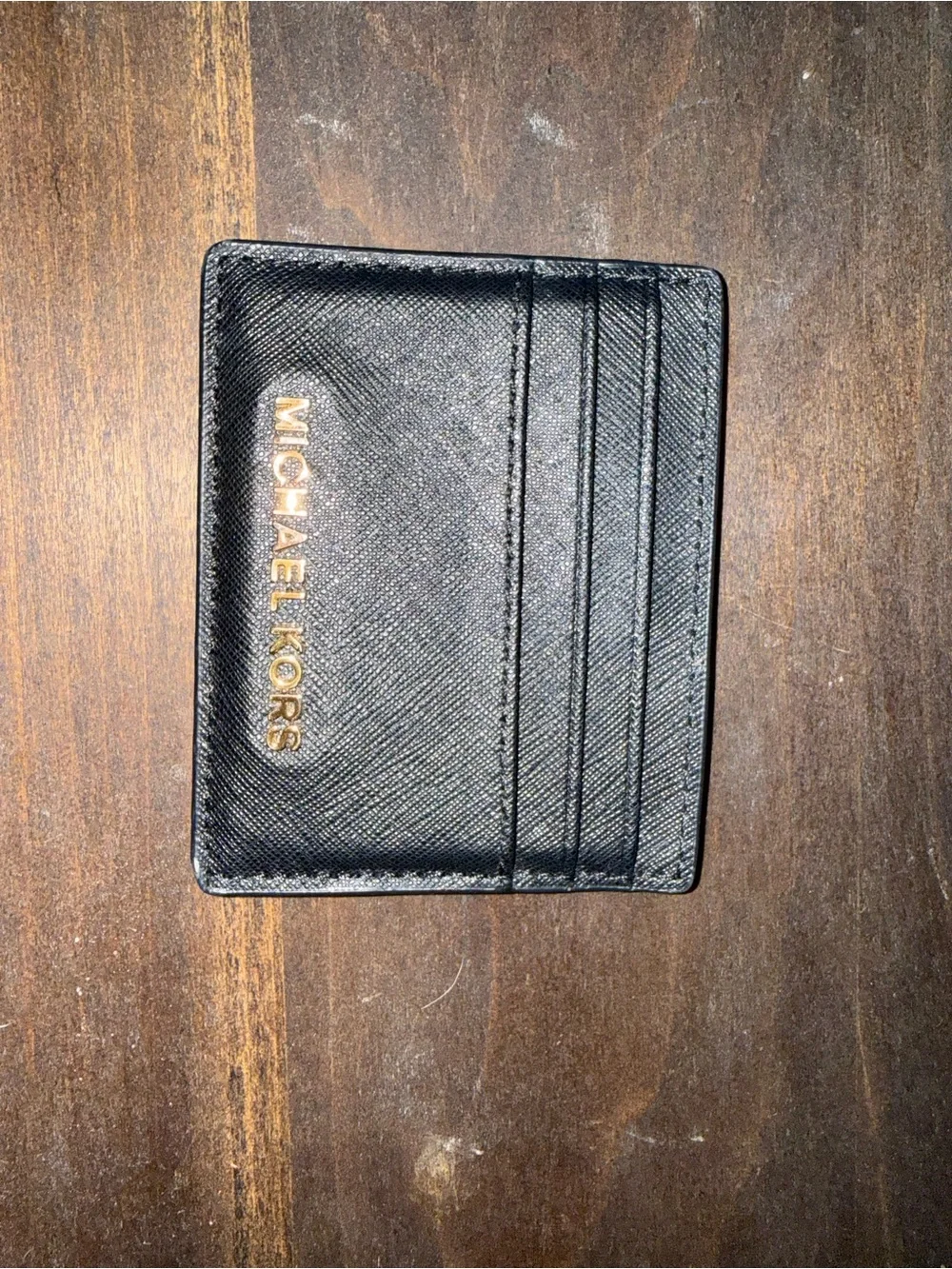 Michael Kors Black Saffiano Leather Slim Card Case with Gold Logo